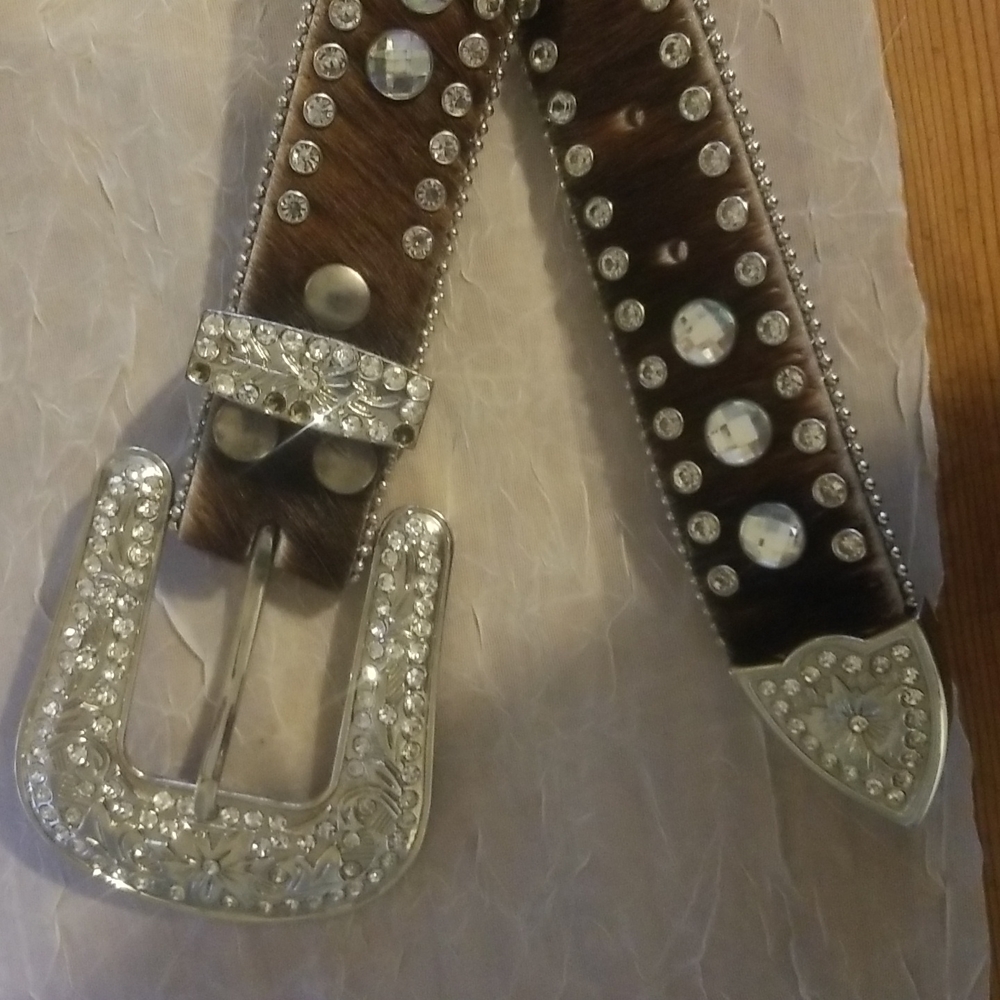 Nocona Hair on Hide Genuine Leather Rhinestone Belt